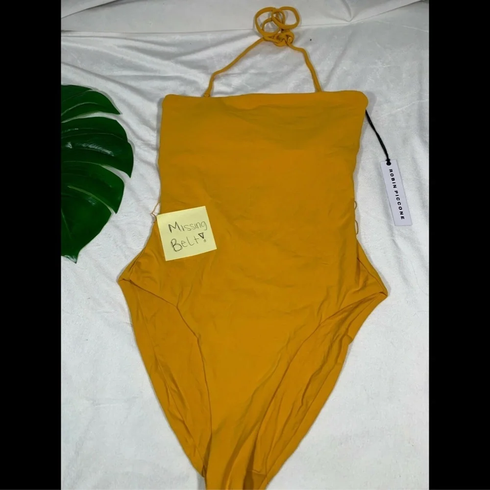 NEW Robin Piccone Luca Barbell Bandeau One‎ Piece Swimsuit Mustard [SZ 10 ] - Picture 2 of 8